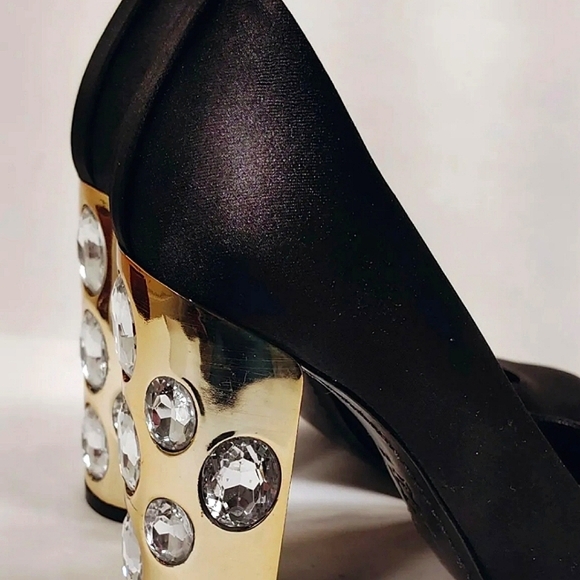 TORY BURCH Black Satin Round Toe/Gold Rhinestoned Block Hi-Heel Women's Size 7M - Picture 8 of 12